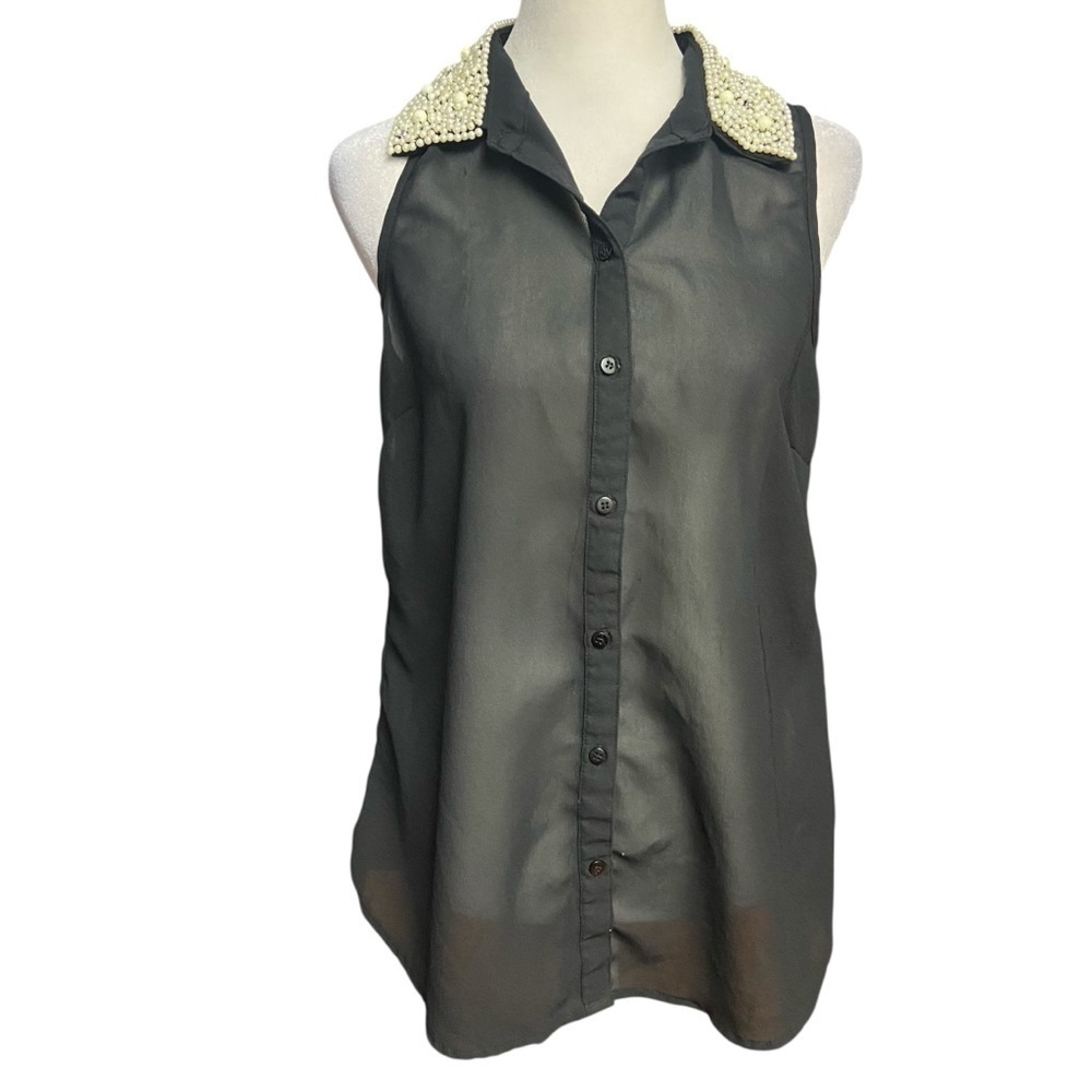 Dizzy Lizzy Women’s Pearl Beaded Button Sheer Black Shirt Tunic Top Size M Party